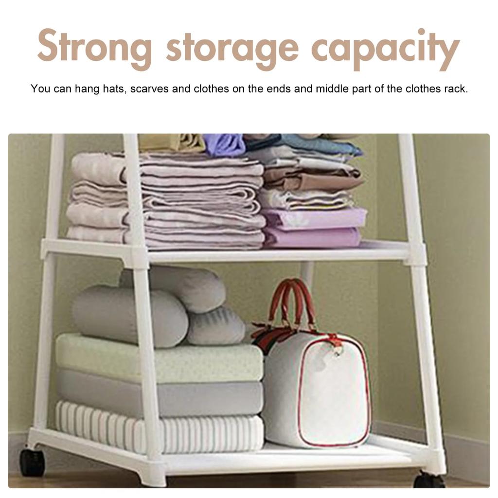 Clothes Rack 2-Tier Storage Shelves Stainless Steel Rolling Garment Rack Organizer with Wheels 2 Coat Hooks for Shoes Clothing