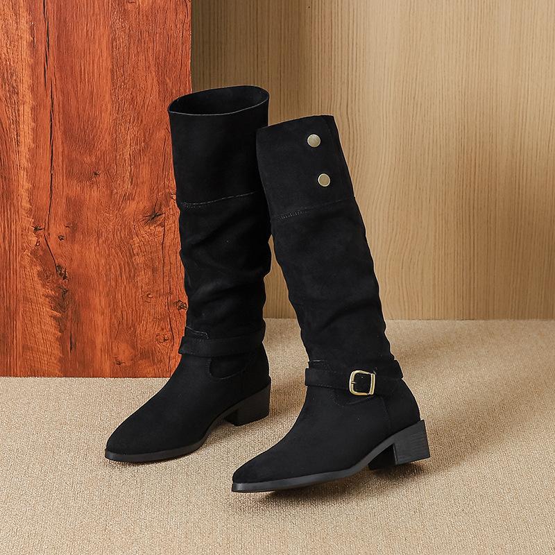 6056-3 suede French boots but knee boots 2025 autumn and winter new retro women's boots pleated boots