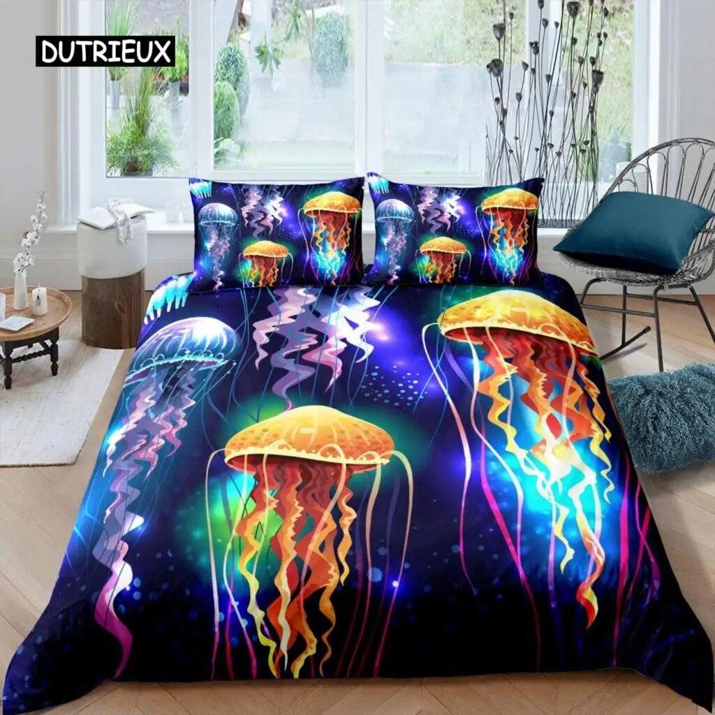 

Пододеяльник с медузой, океанское морское одеяло, комплект постельного белья для пляжа на Гавайях, микрофибра, морское животное, коралл, королева, пододеяльник, комплект из трех предметов EU single(135x200cm)