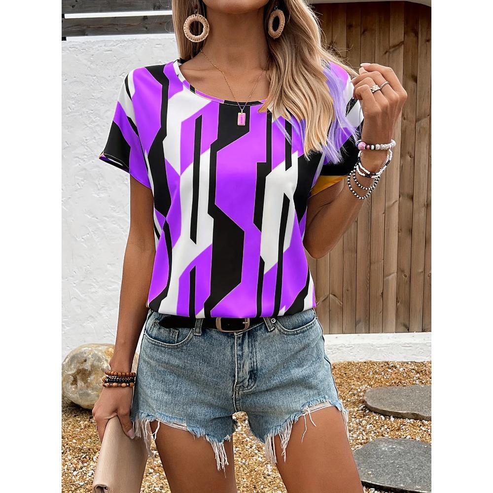 T-Shirt Damen Sommer Freizeit elegant Temperament Rundhals Kurzarm geometrisches Muster Top locker lässige Kleidung Damen T-Shirt