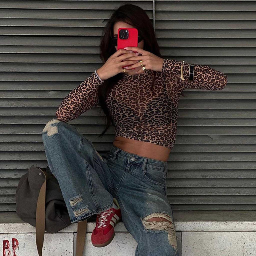 Sexy Long Sleeves Tops Mesh T Shirt Leopard Printed Bodycon Women Clothes Lady Party Club Streetwear Casual Nightout Y2K