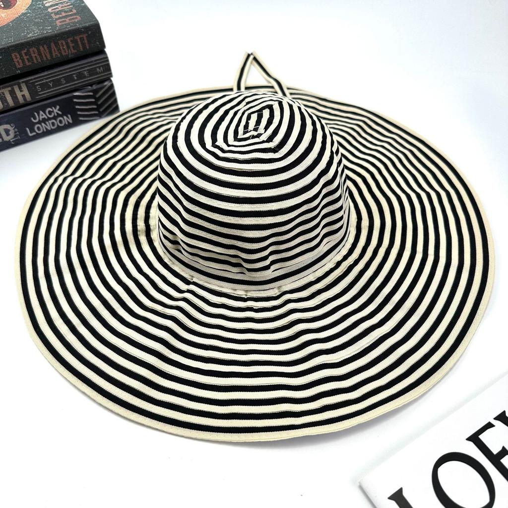 Striped Bow Casual Big Brim Straw Hat Outdoor Girl Travel Beach Sunshade Sunscreen Hat