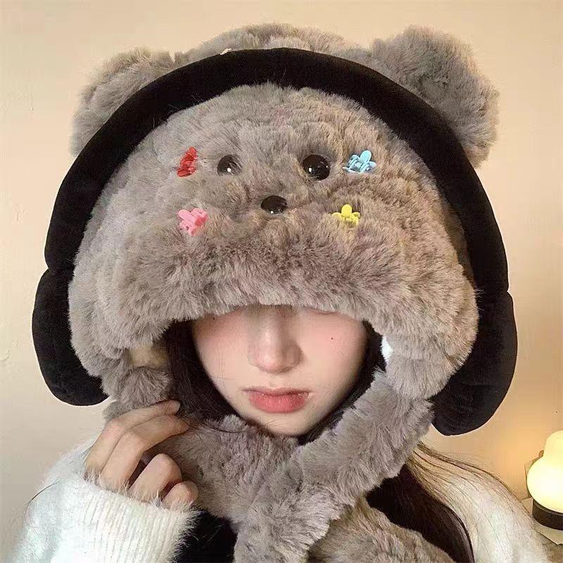 New Style Earphones Puppy Hat  Scarf  One Piece Cold Proof and Warm Hooded Neck Scarf  Thickened Ear Protection  Lei Feng Hat Trendy