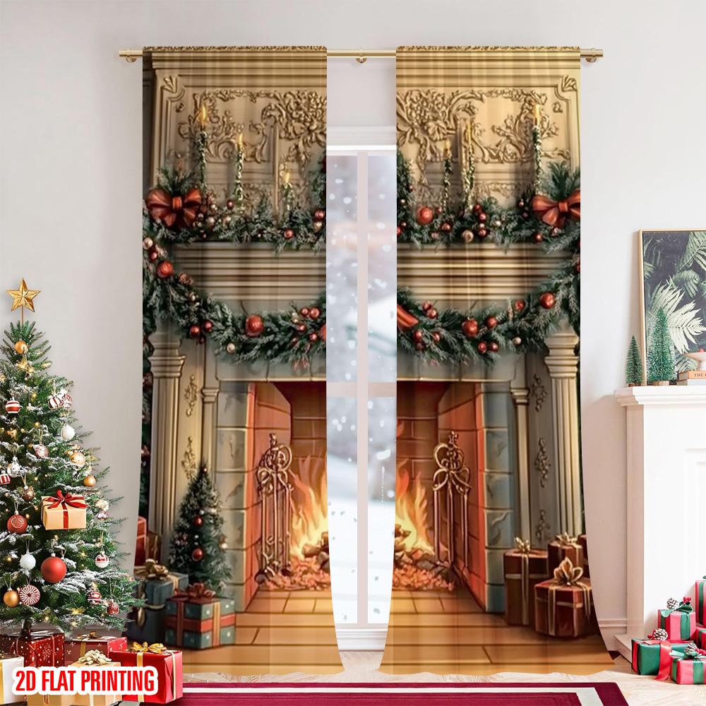 2pcs 2D flat printing Merry Christmas Popular Curtains Antique Christmas fireplace Versatile Fabric Without Electricity Holiday
