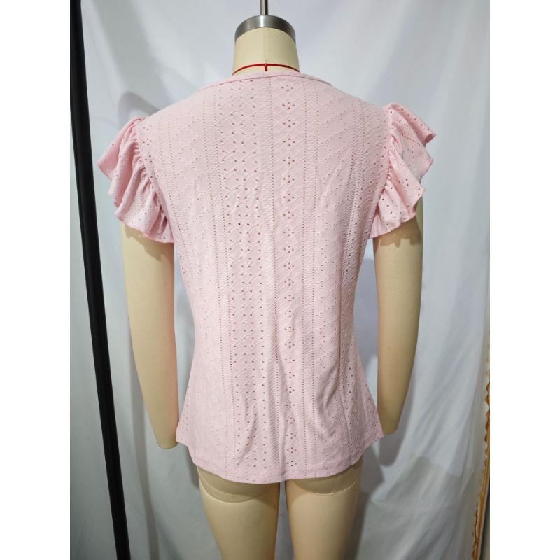 Womens V Neck Eyelet Embroidered Blouse With Short Flutter Sleeves Casual Button Down Top