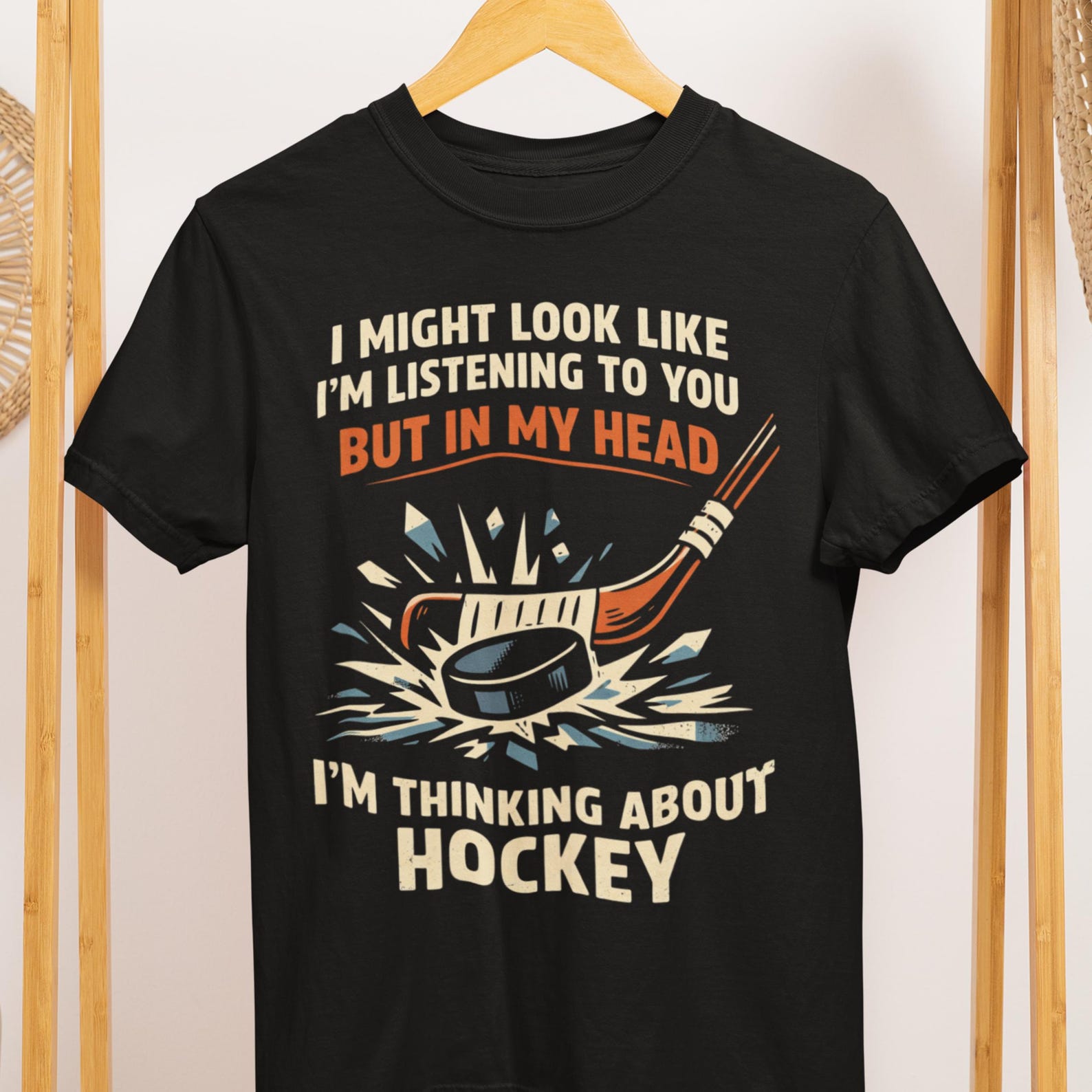 Hockey Fan T-Shirt: Thinking About Hockey Graphic Tee M