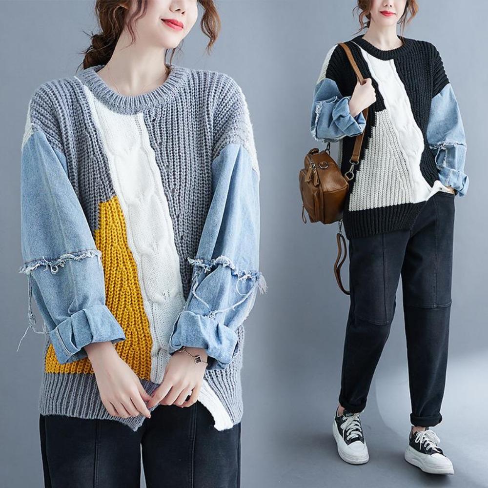 2024 Winter T-Shirt Übergröße Damen Pullover Denim O-Ausschnitt Patchwork Pullover Strick Basic Blau Mode Lockerer Pullover