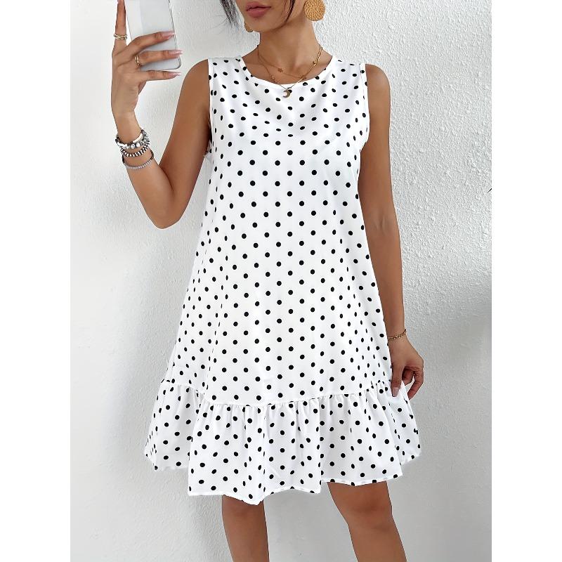 Batwing Hem Dress with Sleeveless Polka Dot Print - Cute and Playful Women's Clothing