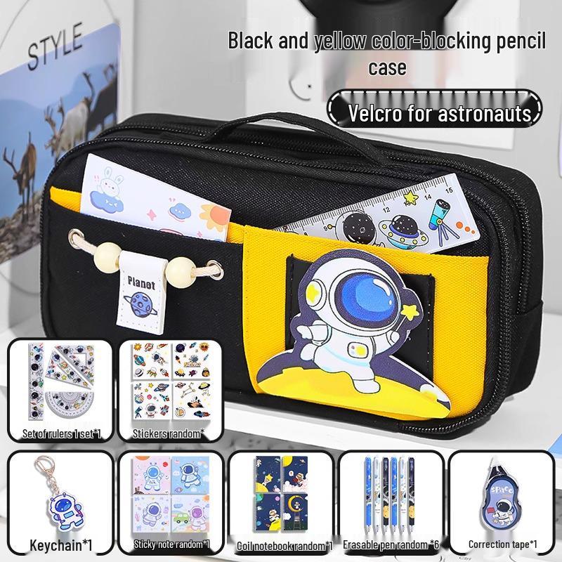 Send Astronaut Velcro! Boys' Black Dirt-Resistant Pencil Case, Hand-Carry, Large Capacity, New 2025 Style.
