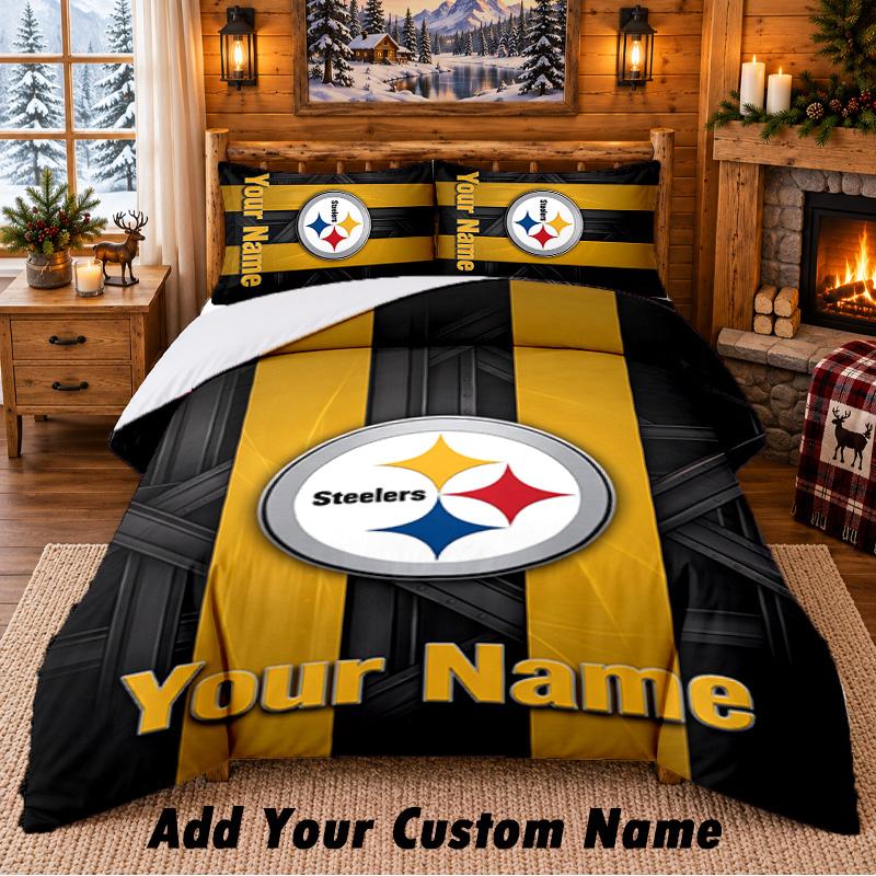 Pittsburgh Steelers Pattern Bedding 3Pcs Set Custom Name, Bed Sheet And Pillowcases For Home Bedroom