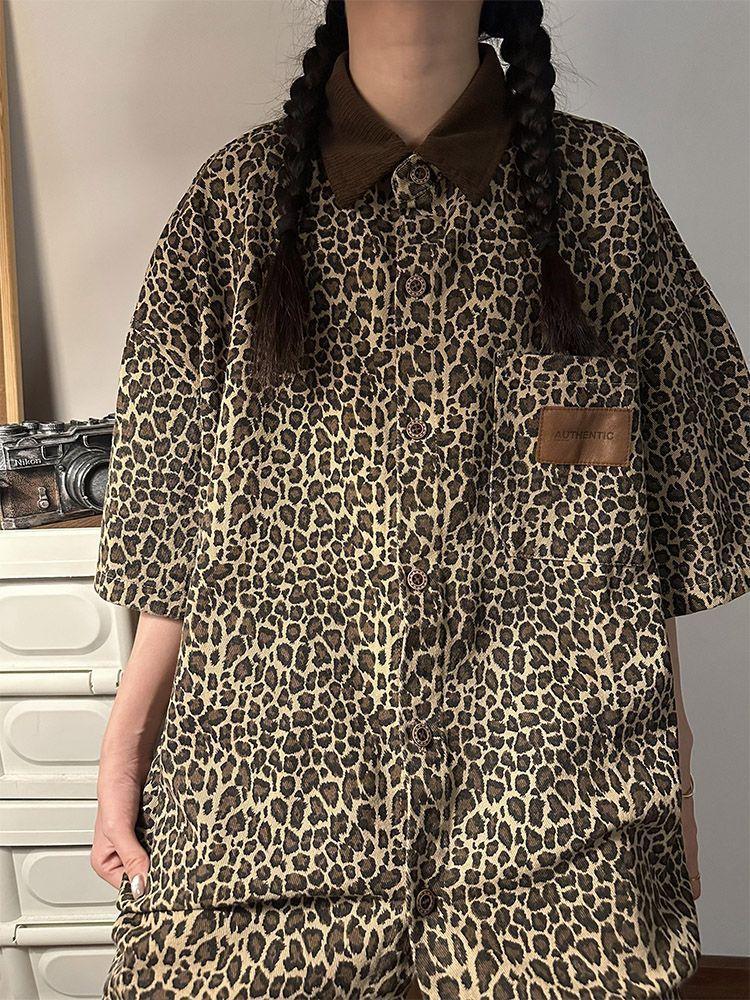 American Retro Vintage Leopard Print Polo, Three-Quarter Sleeve Shirt - Hip-Hop Summer Trend, Stylish Streetwear.