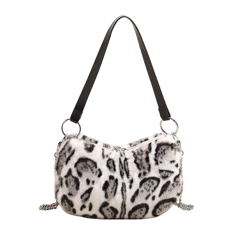 High value leopard print bag women's fashion shoulder bag 2025 new simple plush bag chain messenger bag hair bag