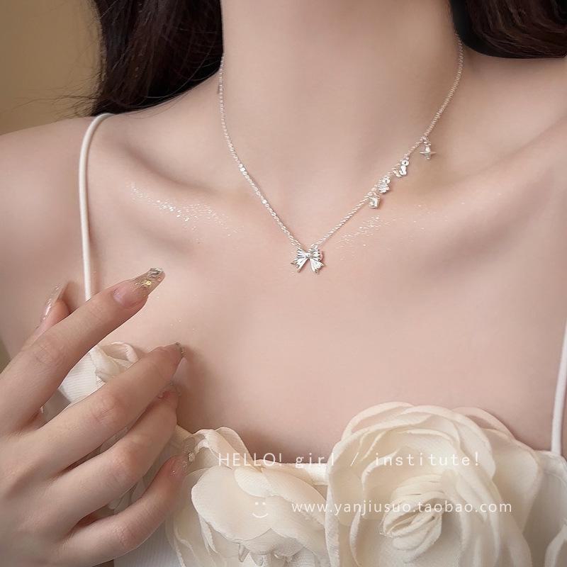 Korean Sweet Bowknot Titanium Steel High-End Clavicle Necklace for Women