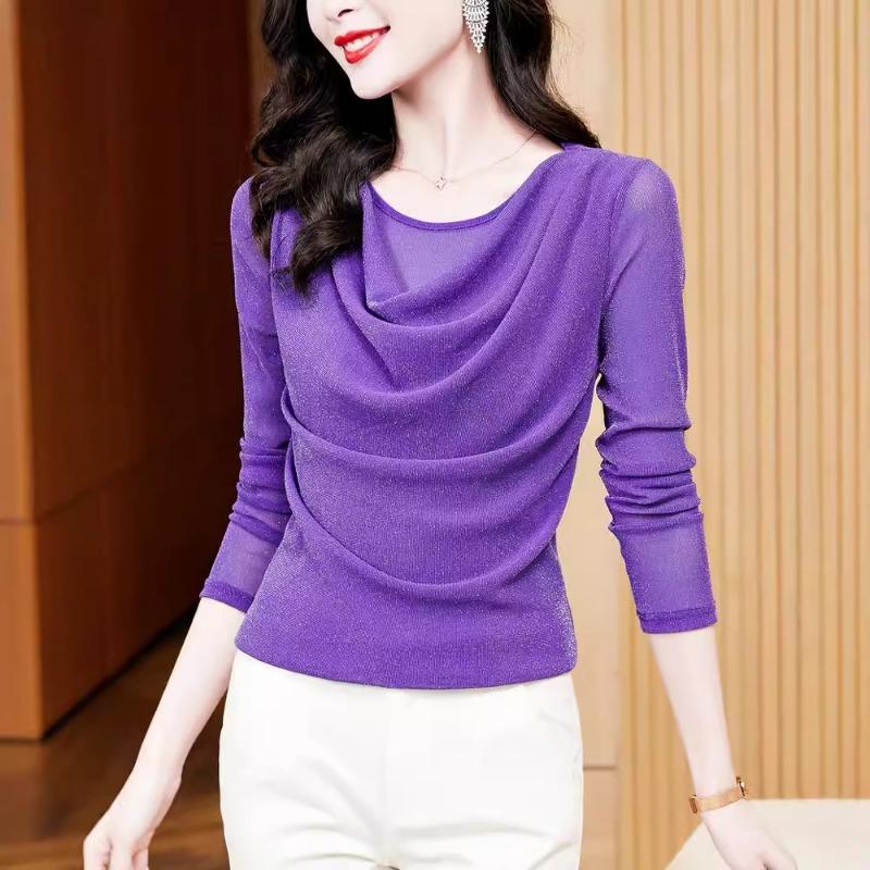 Herbstmode Vielseitiges Rundhals Glänzendes Seide Langärmliges Mesh Basishemd für Damen Slim Fit Pullover Top T-Shirts Damen
