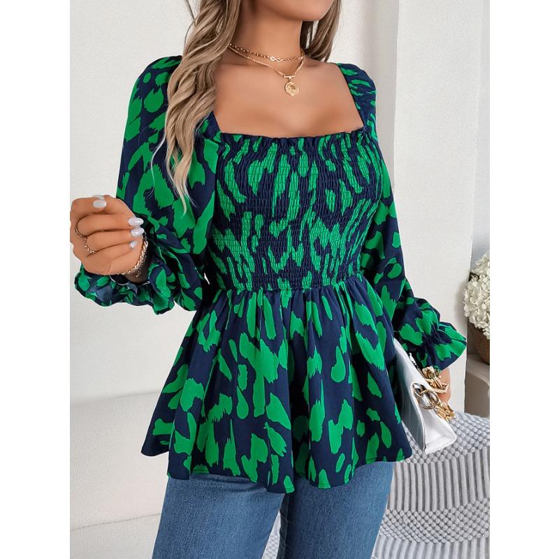 Women's Autumn and Winter Casual Wooden Ear Edge Square Collar Leopard Print Long Sleeve Top