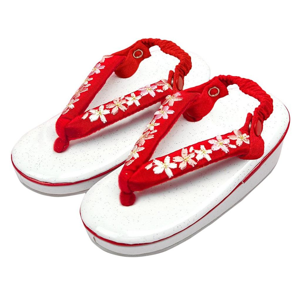 Sandals for for with cherry blossom embroidery and heel for girls [Kyoetsu] Shichigosan, 3-year-olds, fasteners, (11-A red)