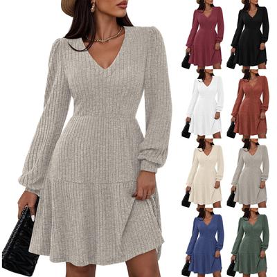 Women's Fashion Casual V-neck A- Line Fit Color Long Sleeve Dress