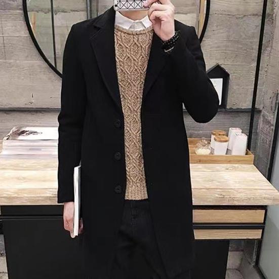 Men Fall Winter Coat Solid Color Lapel Mid Length Long Sleeve Cardigan Single-breasted Anti-wrinkle Business Formal Style Coat