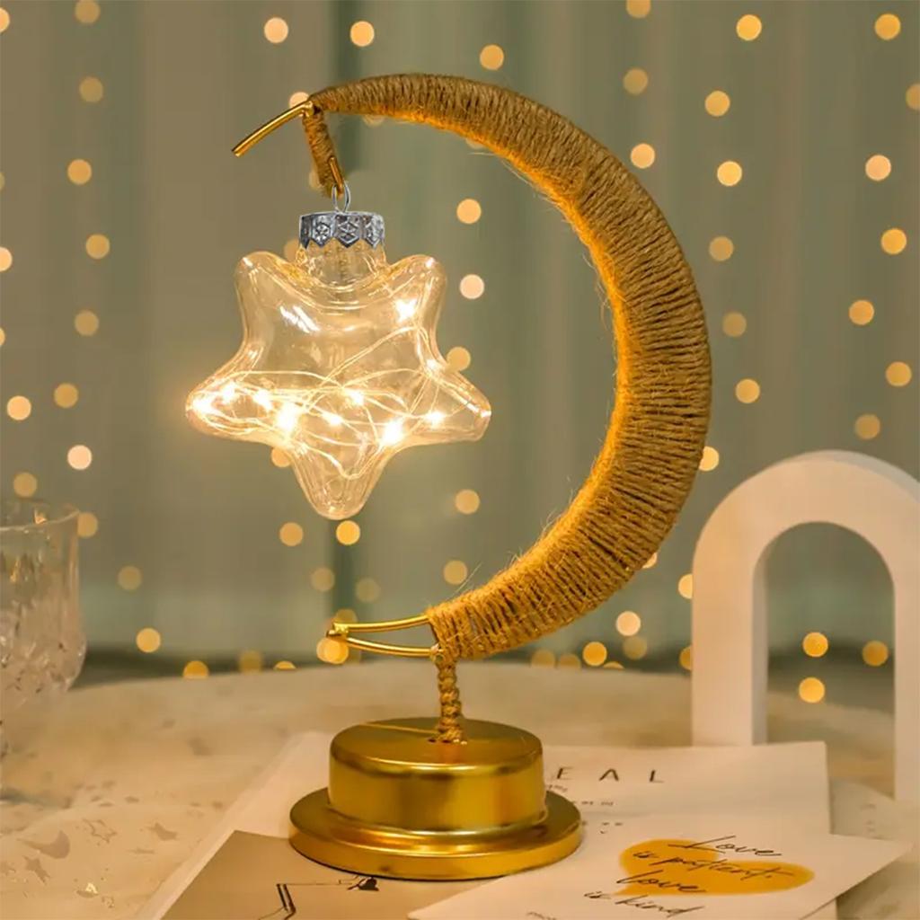 1pc LED Ironwork Rope Star Moon Lamp Bedroom Decorative Light Suitable For Holiday Home Ramadan Dining Table Eid Festival Decor
