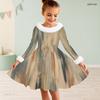 Girls High Neck Long Sleeve Printed A Line Flare Dress Blue Green Furry Trim Bow