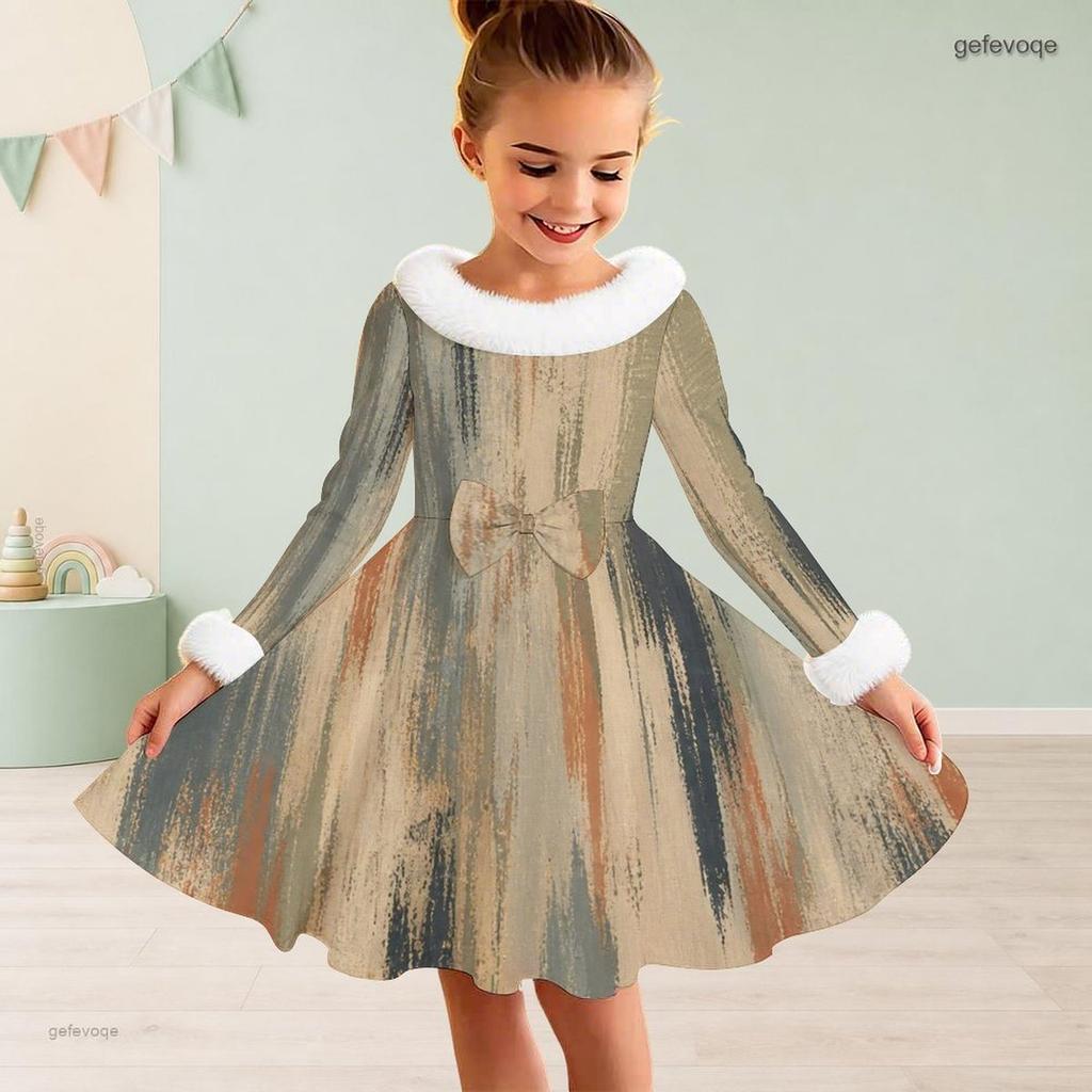 Girls High Neck Long Sleeve Printed A Line Flare Dress Blue Green Furry Trim Bow