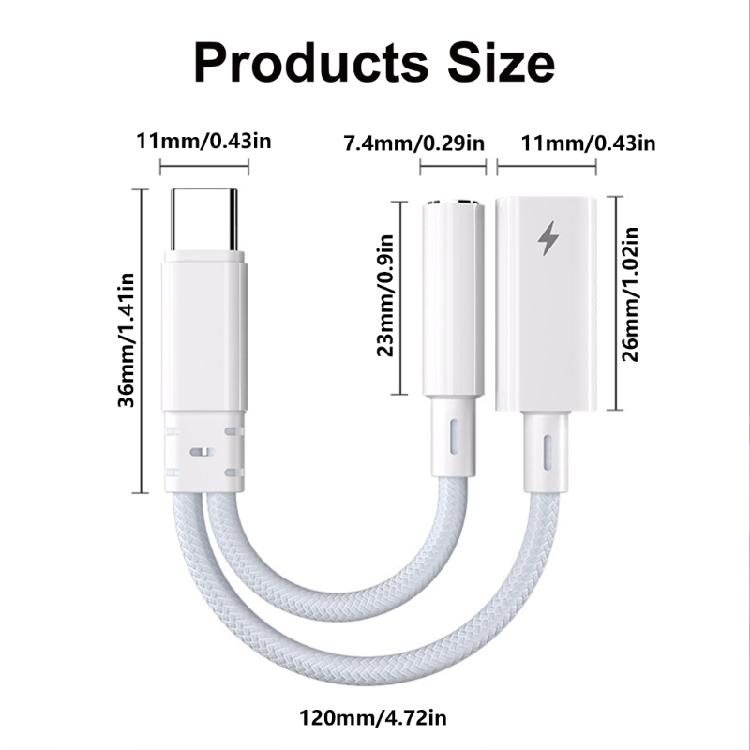 Lightweight USB C to 3.5mm Converter Type C Charging Adapter 2 In 1 with 15W Fast Charging 16bit 48Khz Decoding