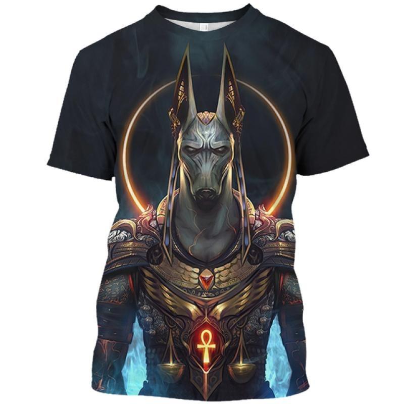 Ägyptisches Pharaonenmuster Herren T-Shirt Gold Einzigartige Persönlichkeit Trend O-Ausschnitt T-Shirts Ägypten Anubis Sensenmann Kurzarm Tee