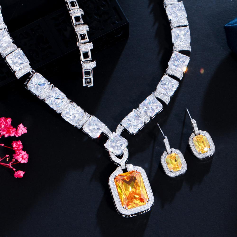 

Премиальное свадебное циркониевое колье, серьги, комплект из двух предметов, аксессуары для свадебного платья, ювелирные украшения для ужина жёлтый