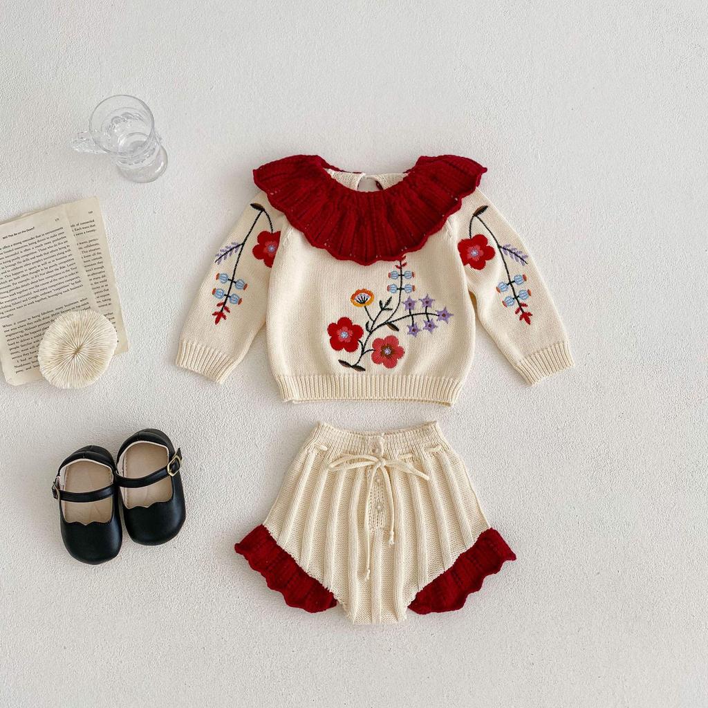 2024 Autumn Baby Girl Knitted Suit: Embroidered Top & Lace Pants Set