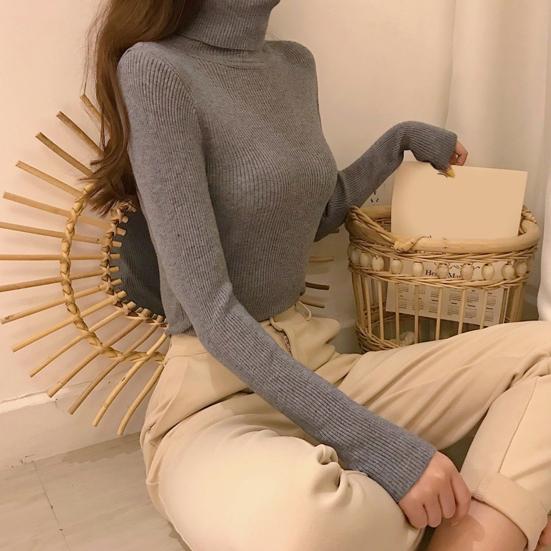 Women Knitting Tops Turtleneck Long Sleeve Solid Color Bottom Sweater Slim Fit Knitting Pullover Tops Autumn Winter Wear