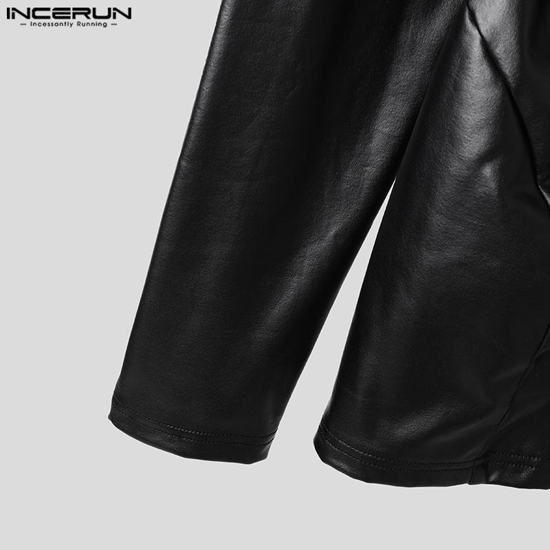 INCERUN Herren Langarm PU Leder Patchwork Durchsichtige Tops Mesh Transparente T-Shirts