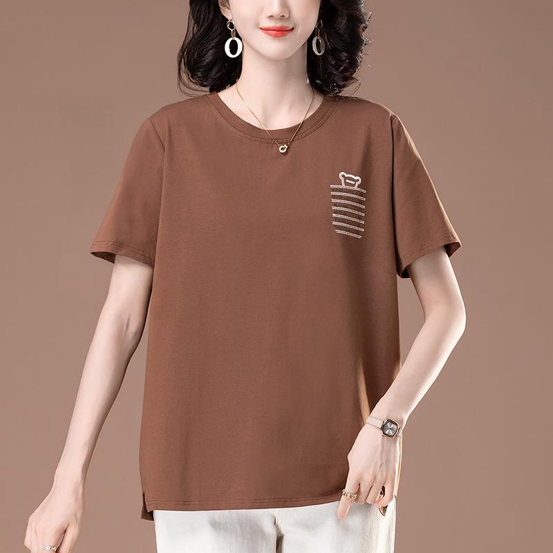

Женская хлопковая футболка с вышивкой большого размера с коротким рукавом - Свободный крой, стильная для мам среднего возраста L кофейный