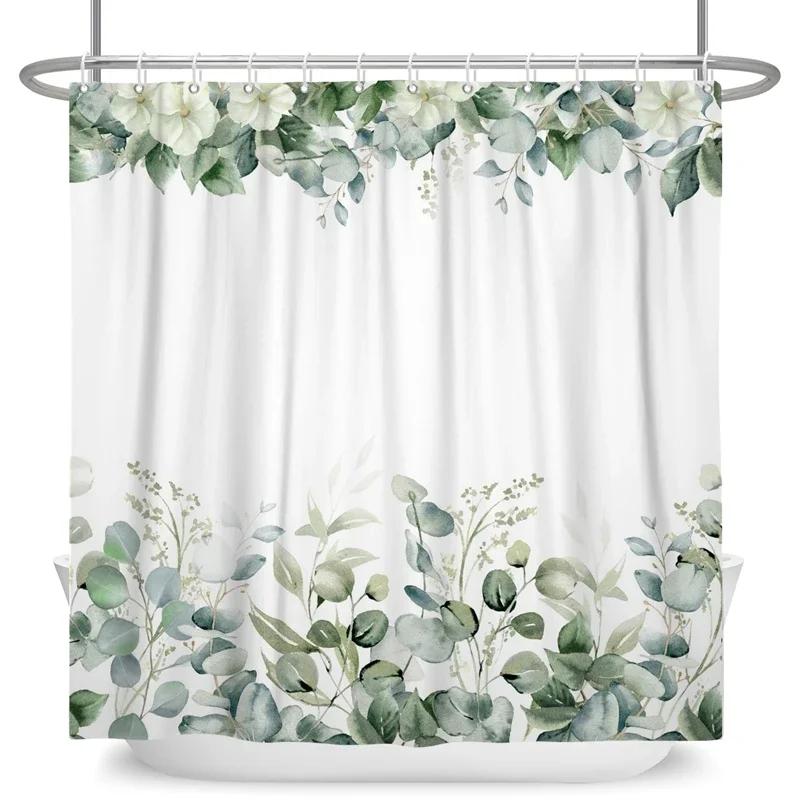 Green Eucalyptus Leaves Shower Curtains Watercolor Floral Waterproof Morden Bathroom Bathtub Curtain Room Decor With Hooks
