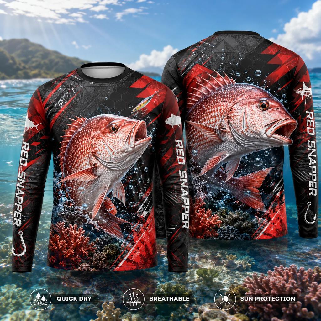 3D Print Casual Long Sleeve Red Snapper Fishing Shirt Men 3D Fish Print Quick Dry UPF 50 UV Protection Jersey Outdoor Angling