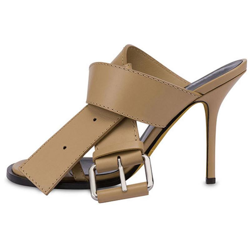 Soleist Women Summer High Heeled Shoes For Woman Big Buckle Round Toe Lather Thin Heels Sandals Ladies Sexy Peep Toe Belt Outdoors Pumps