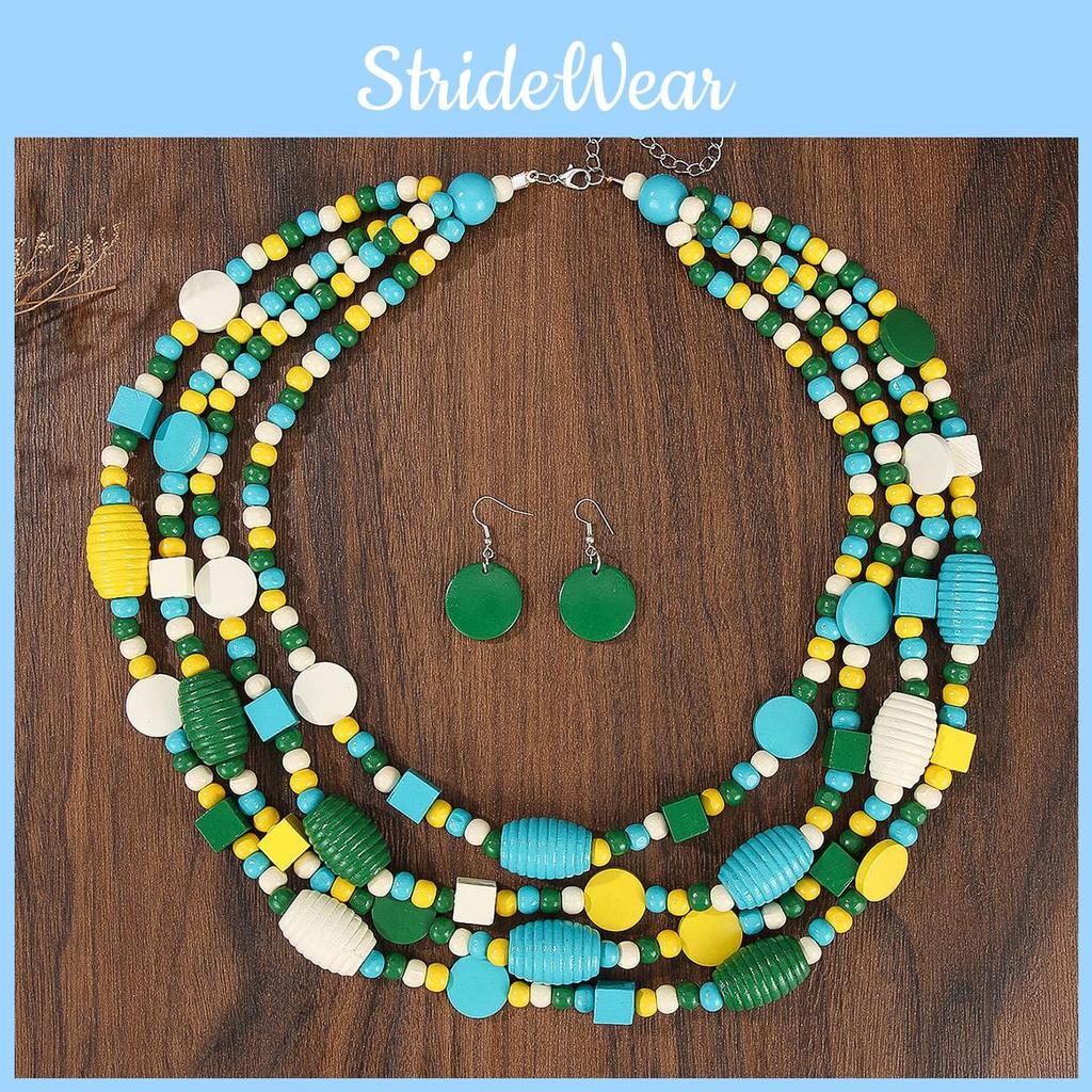 Handmade Geometric Wooden Bead Long Necklace Alloy Pendant For Women Decoration