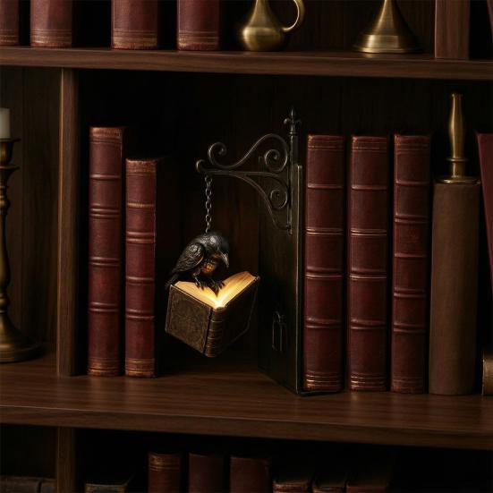 Decorative Metal Bookends for Shelves Gothic with Hanging Light, Cat Raven Ghost Unique Study Room Accessories Bookshelf Lamp, Vintage Church