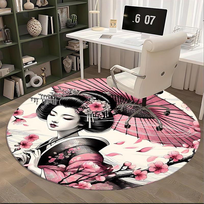 Japanese Geisha, Chair mat Round Rug Office carpet, Machine Washable, Non slip, Suitable for Living Rooms, Bedrooms