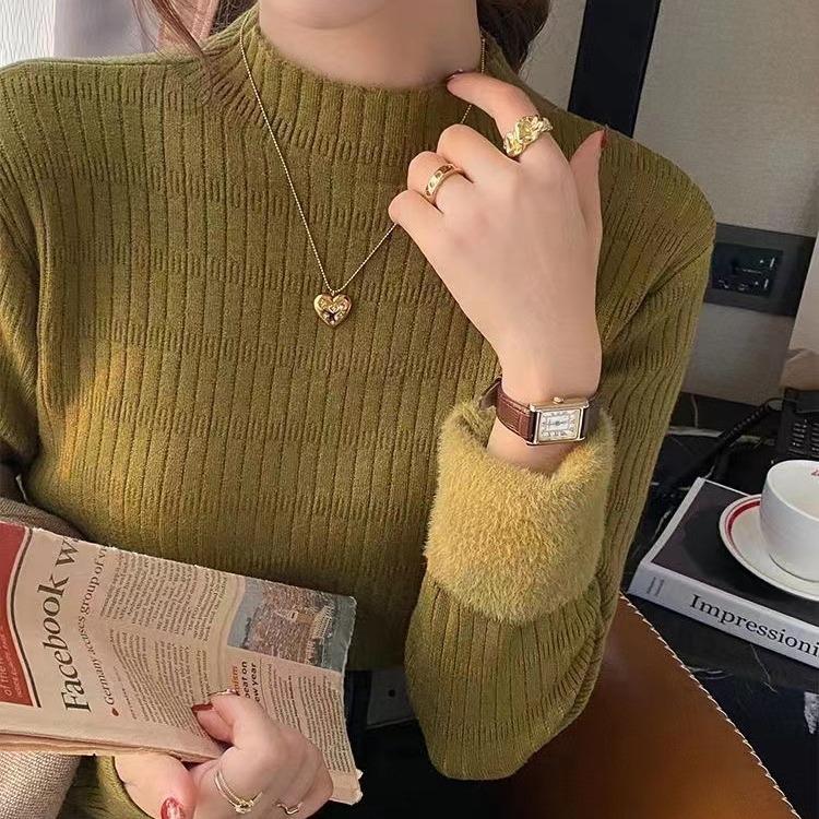 Semi-turtleneck velvet warm inner knitted sweater women's autumn and winter new simple slim long-sleeved versatile integrated velvet base