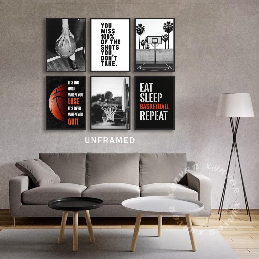 Xynvor 6Pcs Basketball pirational Canvas Wall Art Black White Basketball Posters Artwork Sport Motivational Quotes Painting Pictures Wall Decor for