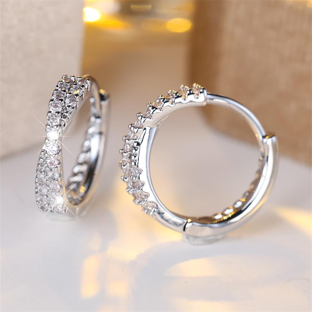 White Zircon Small Stone Crossed Hoop Earrings For Women Vintage Gold Silver Color Wedding  Versatile Accessory