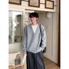 Men's V-Neck Two-Piece Look Hoodie - Textured, Loose Casual Sweater for Spring/Autumn