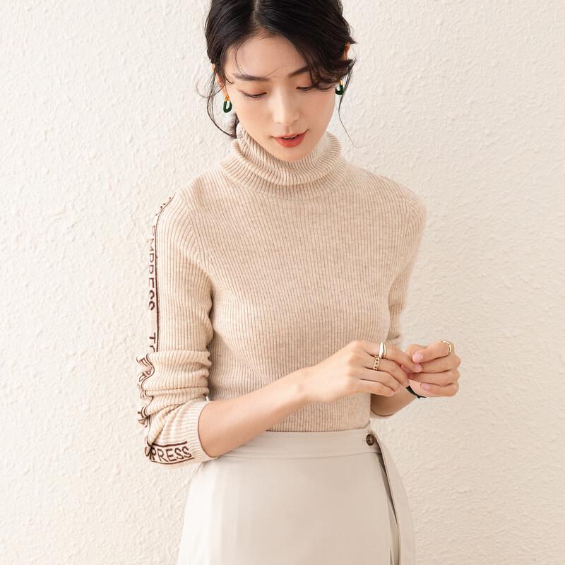 TUHUANG Women's 100% Pure Wool Letter Pattern Mock Neck Pullover