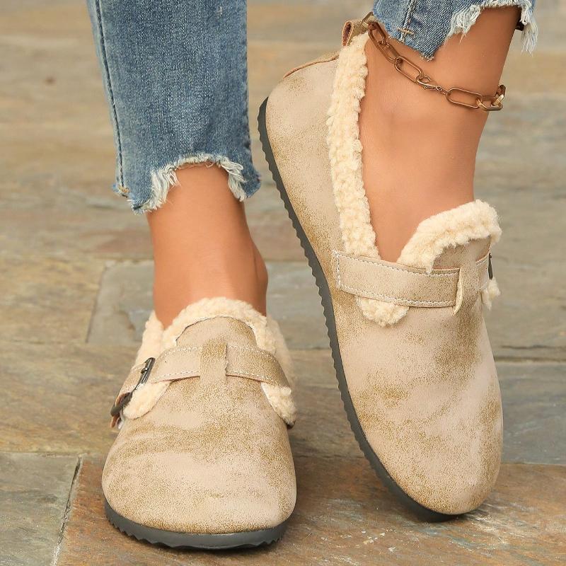 Fashion Comfortable Women Winter Fashion Shoes Arch Support Cozy Home Furry Suede Mules Shoes Cork Insole Warm Plush Slippers Shoes