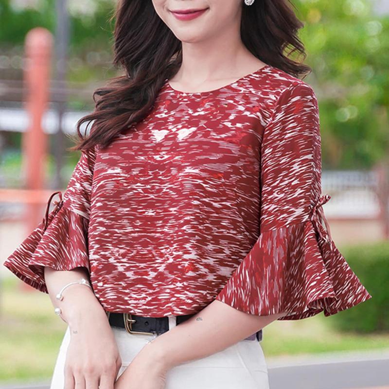 ZANZEA Women Casual Round Neck Flare 3/4 Sleeve Loose Print Blouse