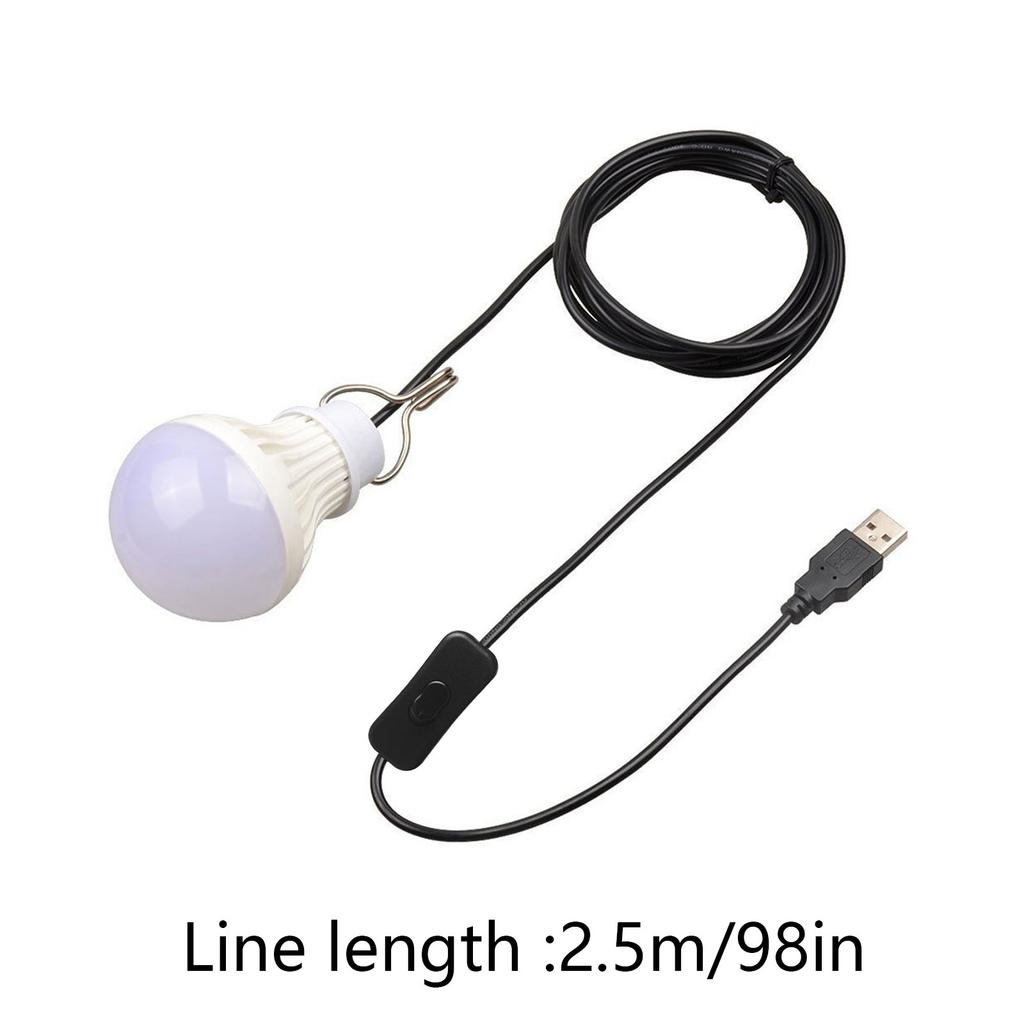 3000K Warm White Switch Cord 5W USB Bulb Light - Camping Emergency Light with 2.5m Plastic Cord