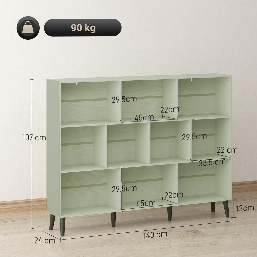 10-Cube Bookcase, 3-Tier Book Shelf with Solid Wood Legs, 140 cm Modern Bookshelf with Anti-Tip Kit, Light Green