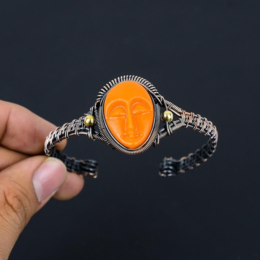 Orange Praying Lady Carved Bone Face Handmade Latest Design Jewelry Bangle, 999 Copper Wire Wrapped Gemstone Bangle, Gift For Sister
