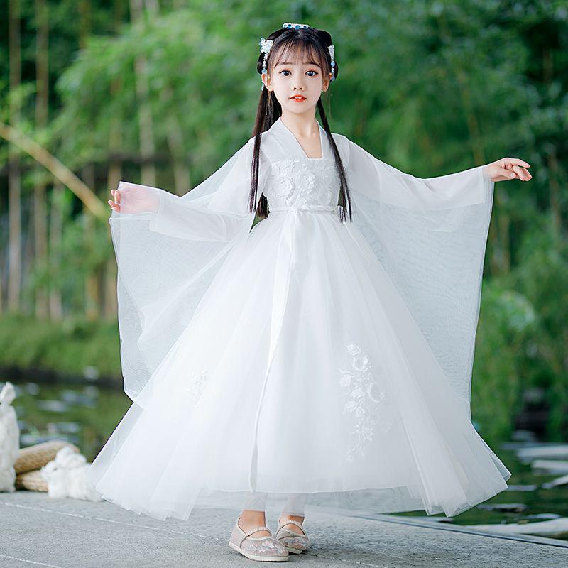 White Girls' Hanfu: New Style Ancient Chinese Fairy Dress with Flowing Guzheng Skirt for Children