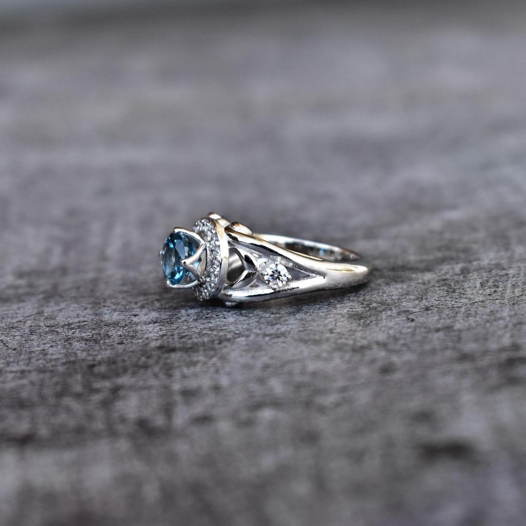 Genuine London Blue Topaz Round Cut Vintage inspired Ring , Topaz Engagement & Wedding Ring, Sterling Silver Ring Anniversary Ring
